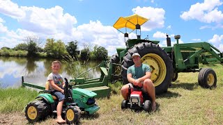 Using real tractors and toy tractors to mow grass and play in mud  Tractors for kids [upl. by Deeann756]