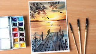 Watercolor painting of sunset evening landscape scenery of riverside step by step [upl. by Sukram]