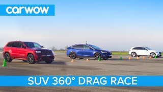 Tesla Model X P100D vs Jeep Trackhawk vs AMG GLC 63  360º DRAG amp ROLLING RACE [upl. by Taffy]