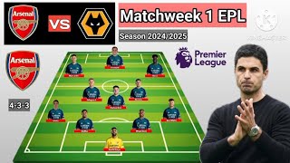 Arsenal vs Wolves  Potential Line Up Arsenal Matchweek 1 Premier League Season 20242025 [upl. by Noit58]