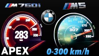 2018 BMW M5 vs BMW M760Li  Acceleration Sound 0100 0300 kmh  APEX [upl. by Tarsuss420]