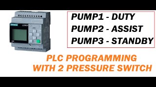 3PUMPS CONTROLLING WITH 2 PRESSURE SWITCH 1 DUTY1ASSIST 1 STANDBY  SIEMENS LOGO PLC PROGRAMMING [upl. by Aralc]