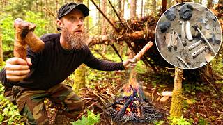 Using Primitive Tools for Survival  Catch Clean Fish Shelter Build Friction Fire ASMR  Silent [upl. by Rebmyt]