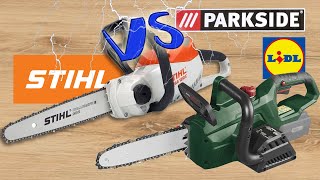 STIHL versus Parkside AkkuKettensäge MSA 120 C vsPKSA 20Li C3 [upl. by Hokanson]