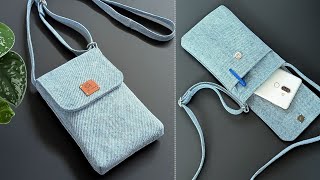 DIY Mini Denim No Zipper Phone Crossbody Bag Out of Old Jeans  Bag Tutorial  Upcycled Craft [upl. by Jaime219]