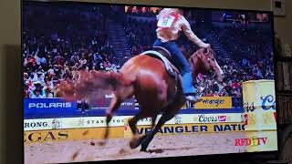 2023 NFR National Rodeos Barrel Racing Round 3 technical difficulties [upl. by Ayihsa]