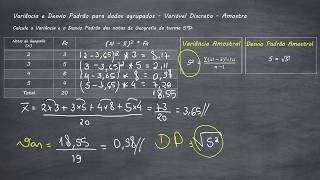 Variância e Desvio Padrão para dados agrupados  Variável Discreta  Amostra  Resolução 1 [upl. by Onitsuaf]