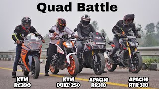 2024 Duke 250 vs Apache RTR 310 vs Apache RR 310 vs KTM RC 390  Drag Race  Quad Battle [upl. by Ekoorb575]