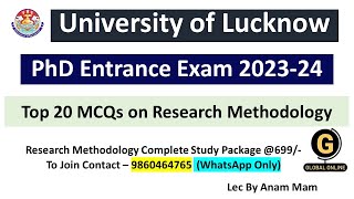 University of Lucknow 2024 Top 20 Imp MCQs On Research Methodology PhD Entrance Exam 202324 [upl. by Gigi]