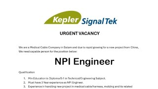 Loker PT Kepler Signal Tek Posisi NPI Engineer [upl. by Eirojram994]