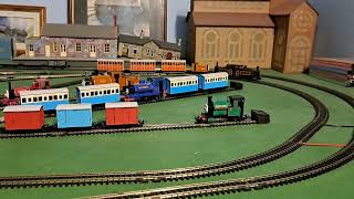 Bachmann Double fairlie and Bachmann Rusty pulling 3 red coaches [upl. by Thetisa]