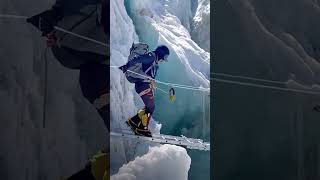 Khumbu Icefall makeshift ladder bridge khumbuicefall makeshiftbridge trekkingglacier adventure [upl. by Oni]