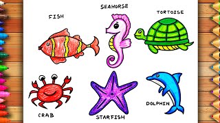 How to draw Water Animals Easily  Aquatic Animals Drawing For Beginners  Fish Drawing  Dolphin [upl. by Atsocal]