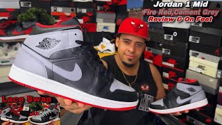 Jordan 1 Mid “Fire Red Cement Grey” Review Lace Swap amp On Feet [upl. by Pascal]