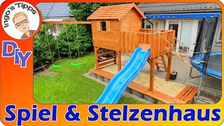 Kinderspielhaus Stelzenhaus Matschküche Hängebrücke Sandkiste und Schaukeln selber bauen IngosTipps [upl. by Shayn]