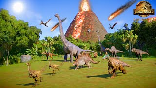 ALL DINOSAURS ESCAPING THE VOLCANO EXPLOSION IN ISLA SORNA  JURASSIC WORLD EVOLUTION 2 [upl. by Yliak]