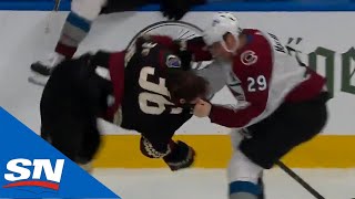 Mackinnon Drops Gloves With Fischer After Crouse Crushes Makar Into Boards [upl. by Eahsal]