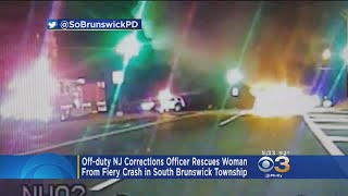 Offduty NJ Corrections Officer Rescues Woman From Fiery crash [upl. by Lindeberg]