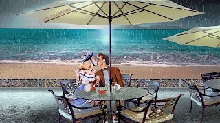 Coffee by the ocean on a rainy day  Music and Ambience  Calming Rain on Umbrella Ocean Waves ASMR [upl. by Yelehsa]