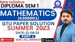 DIPLOMA SEM 1 MATHEMATICS SUMMER 2023 PAPER SOLUTION  PART 1  GTU PAPER SOLUTION FOR SEM 1 gtu [upl. by Cichocki]