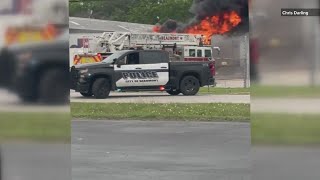 Firefighters extinguish fire at FedEx Freight in Beaumont one responder transported as precaution [upl. by Atinat]