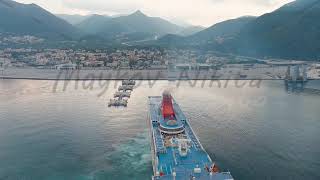 Igoumenitsa Greece Large ferry moored for unloading at the port of Igoumenitsa Stable Aerial [upl. by Nagyam]