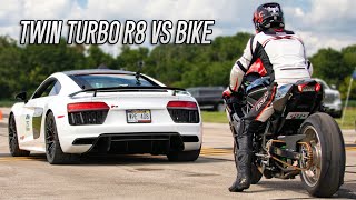 200MPH RACE Twin Turbo R8 VS stretched bike [upl. by Enailil]