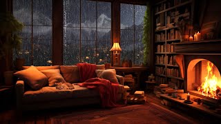 Rainy Night on Window with Crackling Fireplace amp Wind Sounds for Sleep [upl. by Auqeenahs397]