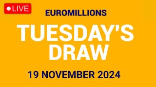 The National Lottery Euromillions Draw Live results from Tuesday 19 November 2024  Euro Millions [upl. by Stanwinn377]