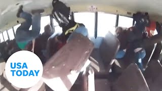 School bus flipped by street racing car in Albuquerque  USA TODAY [upl. by Ardekal]