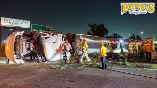 Fuel Tanker Crashes and Rolls Over  HAZMAT mess on Freeway [upl. by Atenek393]