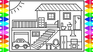 How to Draw a House for Kids 💚💙💜 House Drawing for Kids  House Coloring Pages for Kids [upl. by Pascia308]