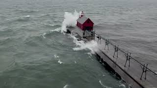 Drone flies over large waves on Lake Michigan [upl. by Lacym949]