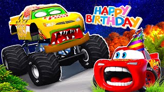 Big amp SmallMcQueen and Mater VS brushcurber ZOMBIE happy birthday apocalypse in BeamNGdrive [upl. by Nebur631]