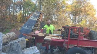 Custom log splitter and 22ft belt stacker made from scrap 1st test run [upl. by Owena198]