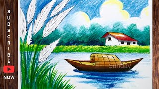 village scenery drawinglandscape drawing শরৎকালের দৃশ্য ড্রয়িং oil pastelAutumn scenery drawing [upl. by Gonzales]