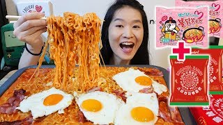 SUPER CREAMY Carbonara  Sriracha Fire Noodles w Bacon amp Eggs  Spicy Ramen Mukbang w Eating Sounds [upl. by Lebiralc]