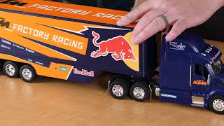 Unboxing New Ray Toys Factory Team Race Rig Red Bull KTM HRC Honda amp Factory Yamaha 132 Scale [upl. by Anatolio454]