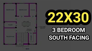 22x30 sqft house plan 3 bedroom  22x30 house plan south facing  22 ft by 30 ft house design [upl. by Nyrehtac699]