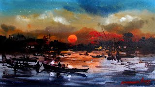 How to Paint Sunset Scene with Watercolor  Watercolour Tutorial Demo by Shahanoor Mamun [upl. by Ayotyal]