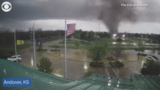 Tornado uproots trees as it rips through city in Kansas [upl. by Naawaj339]