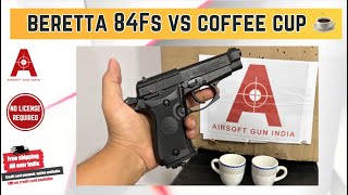 Umarex Beretta 84FS co2 blowback Air pistol power test on coffee cup beretta [upl. by Notxap]