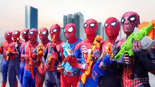 What If 10 SPIDERMAN in 1 HOUSE   Hey All SuperHero  Go To Battle Nerf Gun Game [upl. by Hellene]