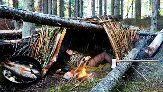 Building a Shelter Under a Tree 3 Day AUTUMN Camping Catch amp Cook [upl. by Feledy]