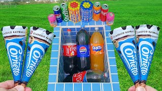 Experiment Pepsi of Fanta  Cornetto Ice cream ball Sprite Coca Cola Cola And Mentos İn The Pool [upl. by Aigneis522]