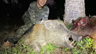 11 Year Old Gets Headshot on Massive Hog With Crossbow 3 Pigs down [upl. by Adnirim955]