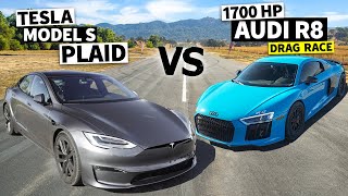 THIS vs PLAID 1700hp Twin Turbo V10 Audi R8 vs Tesla Model S Plaid unprepped airstrip Drag Race [upl. by Beitris978]