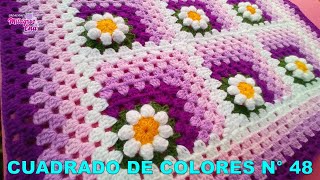 Como tejer el Cuadrado de colores N° 48 o muestra con flor en 3D a crochet para colchas y cojines [upl. by Yelwah]