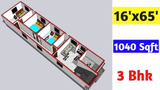 16 x 65 House Plan  16 x 65 Ghar ka Naksha  16x65 House design  1040 sqft [upl. by Nitsoj888]