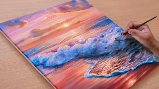 How to Draw a Sunset Seascape  Acrylic Painting  STEP BY STEP 97 [upl. by Golliner174]